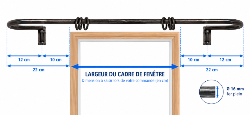 Schéma de mesure d'une tringle à rideaux Provençale en fer forgé : largeur de fenêtre et débords de 22 cm de chaque côté