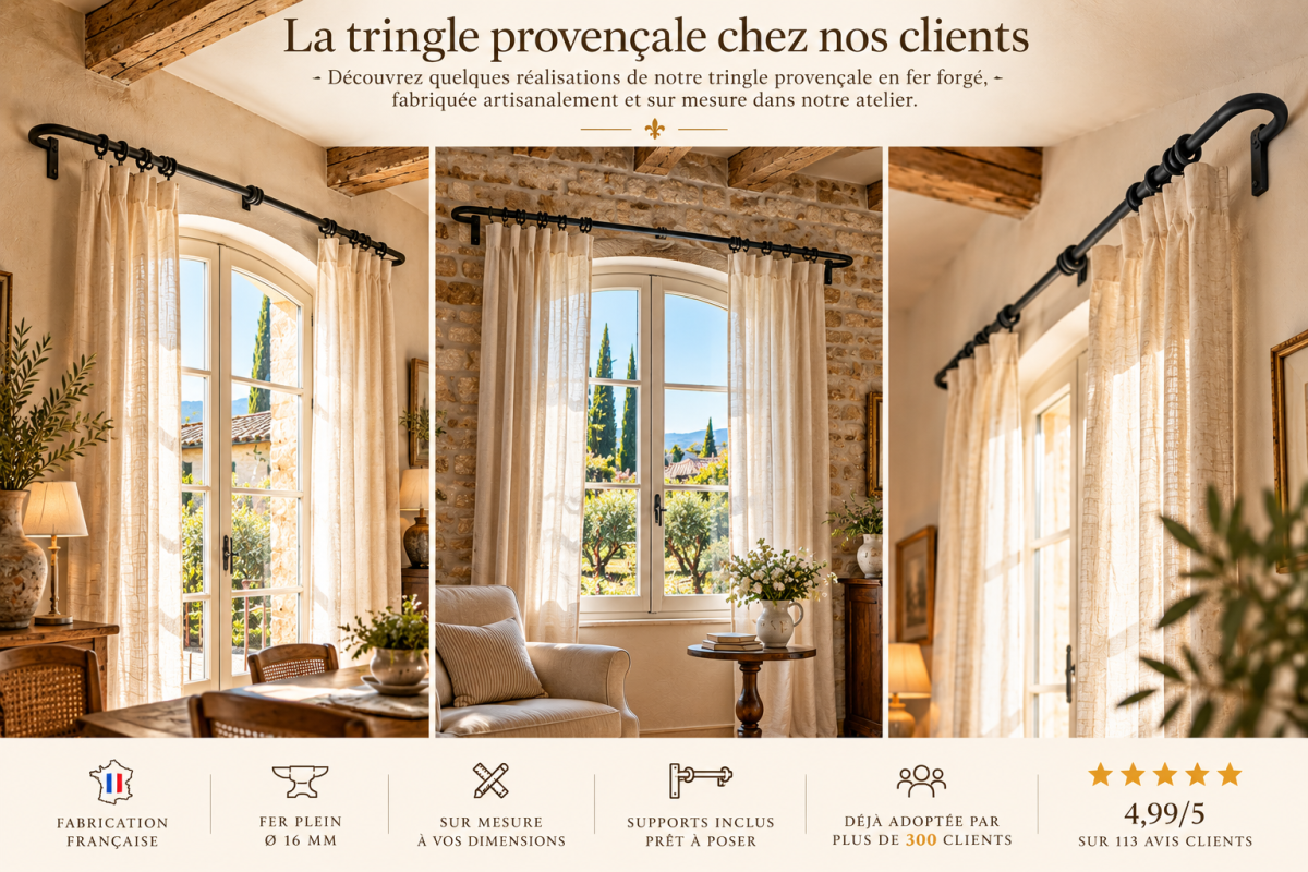 Tringle à rideaux Provençale en fer forgé sur mesure dans trois intérieurs avec rideaux en lin