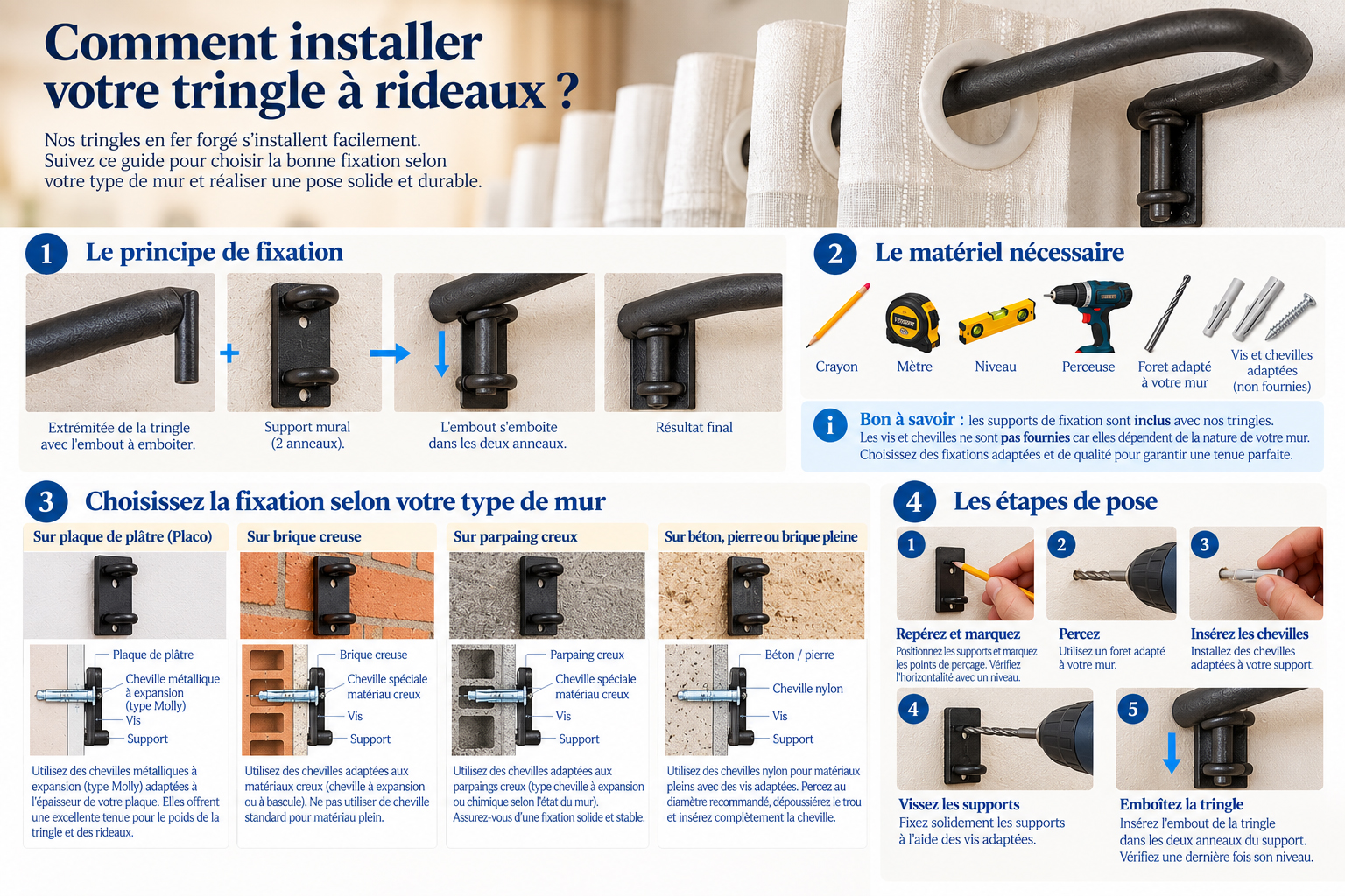 Comment installer une tringle à rideaux en fer forgé sur Placo, brique ou béton